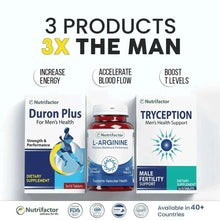 Dietary supplement set with Duron Plus, Tryception boxes, and L-Arginine bottle