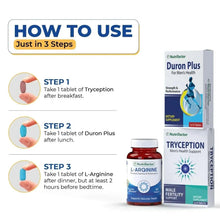 Supplement usage guide with Duron Plus and Tryception bottles shown in steps