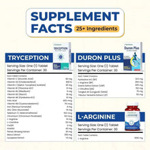Supplement facts panels for Tryception and Duron Plus ingredients and servings