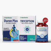 Three-pack supplement set: Duron Plus and Tryception boxes with L-Arginine bottle