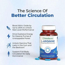 L-Arginine supplement bottle with infographic on better circulation and stamina