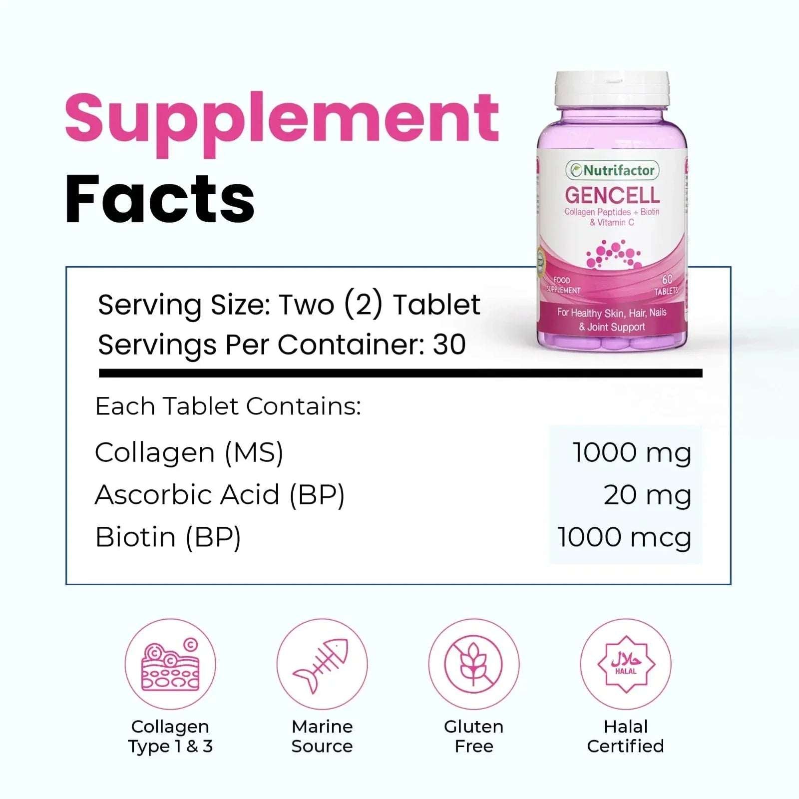 3 Bottles of Gencell – Super Collagen Type I & III with Vitamin C & Biotin, 180 Tablets - Mumzar