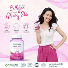 Collagen supplement bottle with smiling woman holding it, Super Collagen for Glowing Skin
