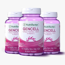 Nutrifactor GENCELL supplement bottles with purple caps, collagen peptides, biotin & vitamin C