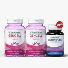 Nutrifactor GENCELL bottles and Biotin Plus bottle, biotin 2500 mcg, with red FREE label
