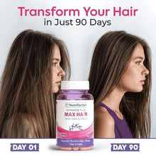 Hair and skin supplement jar with two side-profile women, day timeline graphic