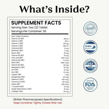 Supplement facts panel for tablets with ingredient list and certification seals