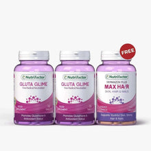Hair and skin supplement bottles, three purple jars with red FREE badge