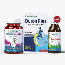 Nutrifactcor supplement set: Vitamax Women tablet bottle, Duron Plus box, Bio Grow syrup