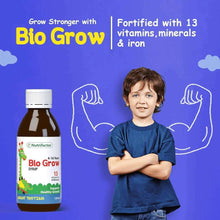 Bio Grow syrup bottle with white cap and '13 minerals & iron' label