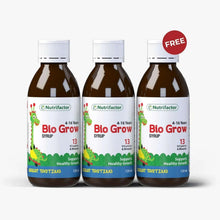 Bio Grow syrup bottles (3-pack) with white caps and 'FREE' badge