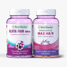 Nutrifactor supplement bottles set with purple labels, Gluta Fair and Max HaR