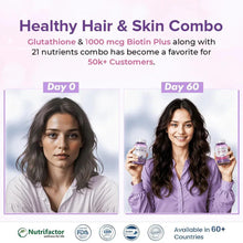 Healthy hair and skin combo supplement bottles with purple labels, Gluta Fair and Max HaR