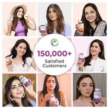 Collage of customers holding purple and orange supplement bottles