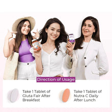 Women holding purple and orange supplement bottles with direction of usage