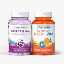 Supplement bottle set, Nutrifactor Gluta Fair purple jar and Nutra-C orange jar