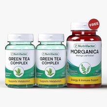 Nutrifactor Green Tea Complex supplement bottles and Morganica moringa extract bottle