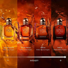 Set of Emporio Armani fragrance bottles with intensity scale, amber and splash effects.