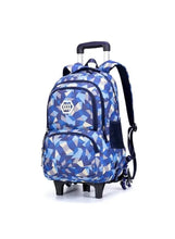 Geometric school backpack on wheels, blue pattern, front pocket and rolling side wheels