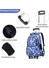 Geometric backpack with wheeled handle, adjustable straps and buckles, blue geometric pattern