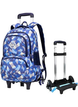 Geometric school backpack with wheels and extendable handle, blue pattern, front pocket