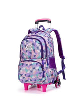 Geometric wheeled school backpack with trolley handle, purple multicolor triangles, front pocket