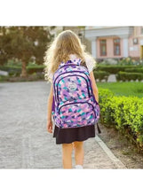 Geometric wheeled school backpack worn back view, purple multicolor pattern and side strap