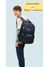 School trolley backpack, black star print with blue panel, worn on back; lightweight, water-resistant