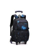 Trolley school backpack with black star print, blue accents, telescopic handle, six wheels