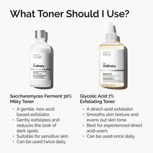 Toner guide chart featuring glycolic acid 7% exfoliating toner alongside another toner