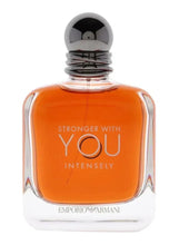 Emporio Armani men's eau de parfum bottle, orange glass with black cap, front view.