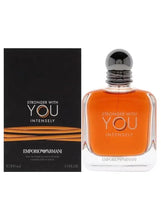 Emporio Armani men's eau de parfum bottle and black gift box, orange liquid, black cap.