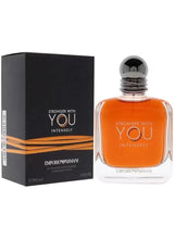 Emporio Armani men's eau de parfum bottle with black box, orange liquid, black cap.