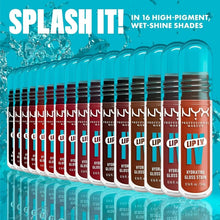 NYX Lip I.V. hydrating gloss stain bottles lined up, teal containers and red gloss