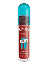 NYX Lip I.V. hydrating gloss stain, teal cap with red-brown liquid in tube