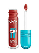 Hydrating lip gloss stain in red tube with clear wand applicator