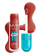 NYX Lip I.V. hydrating gloss stain with open tube and applicator tip, teal and red