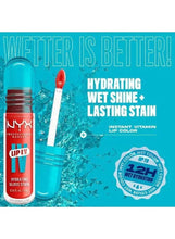 NYX Lip I.V. hydrating gloss stain with teal bottle and red gloss applicator tip