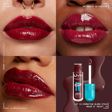 Dark red lip gloss stain swatches on lips with glossy wet shine finish