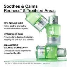 Green Anua 10+ serum bottle and dropper with product benefit layout