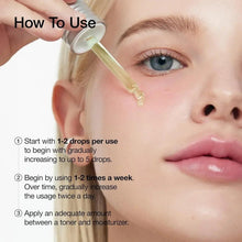 Clear serum drop applied to skin near an eye with dropper