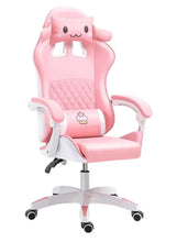 Pink cartoon gaming chair with cat face back, padded arms, five-star base, casters