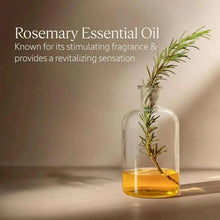 Rosemary essential oil bottle in clear glass with rosemary sprig