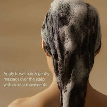 Foamy shampoo covering hair and scalp, view from behind