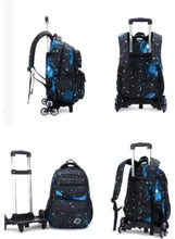 Dark star-pattern trolley backpack shown in side and front views, with handle and wheels