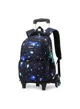 Dark star-pattern trolley school backpack with telescopic handle and four small wheels