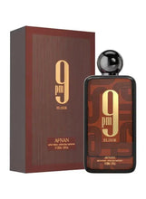 Unisex extrait de parfum set: box and bottle with gold “9 pm” “Elixir” label
