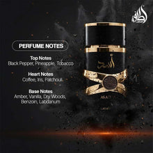 Asad perfume notes graphic showing top, heart, and base notes beside bottle