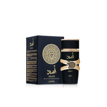 Asad Eau de Parfum set with black bottle and matching box, gold emblem details