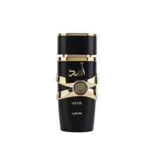 Asad Eau de Parfum bottle with black body and gold ribbon bands, 100 ml
